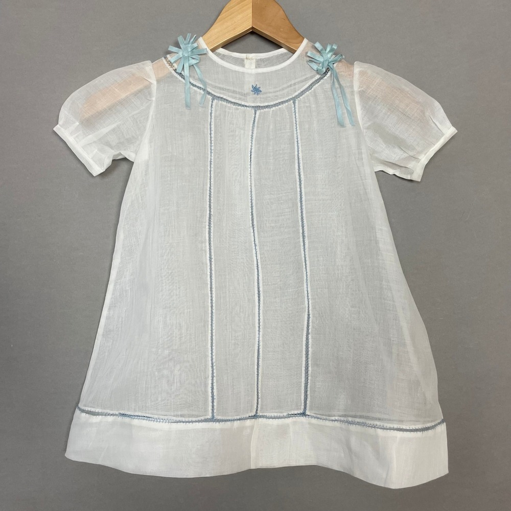 Vintage White Sheer Baby Dress Blue Embroidery Ribbon Accents Handmade Gown